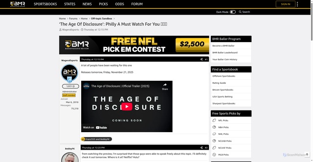 Security scan screenshot of https://forum.bookmakersreview.com/threads/%E2%80%98the-age-of-disclosure%E2%80%99-philly-a-must-watch-for-you-%F0%9F%8D%BF%F0%9F%8E%AC%F0%9F%9B%B8.67712/