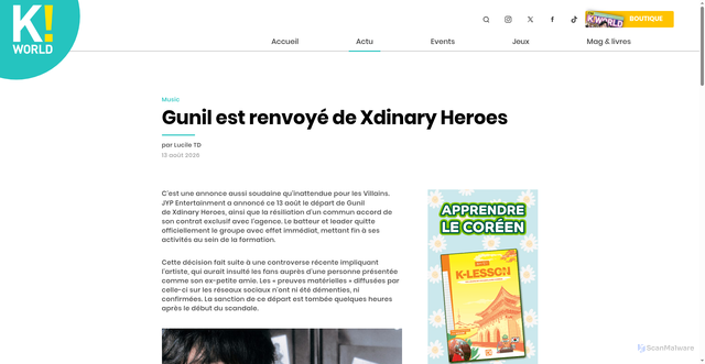 Security scan screenshot of https://www.k-world.fr/gunil-est-renvoye-de-xdinary-heroes/