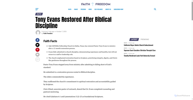 Security scan screenshot of https://www.faithfreedomreport.com/tony-evans-restored-after-biblical-discipline/