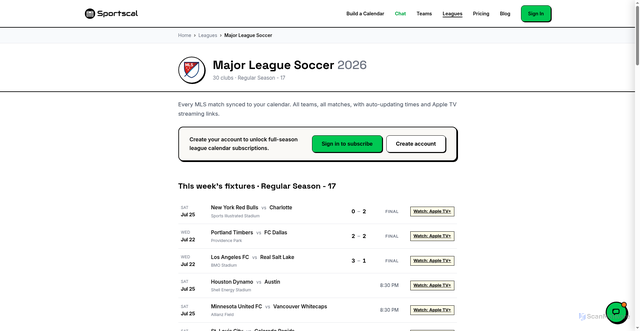 Security scan screenshot of https://sportscal.io/league/mls