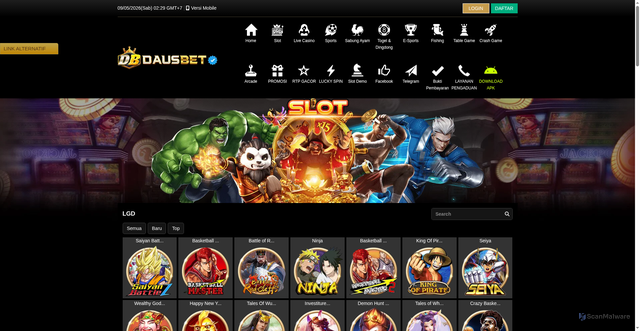 Security scan screenshot of https://dausbetkuberani.click/desktop/game/slot/lgd