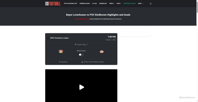Security scan screenshot of https://dasfootball.com/bayer-leverkusen-psv-eindhoven-match-highlights-2025-10-01/
