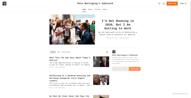 Security scan screenshot of https://petebuttigieg.substack.com/