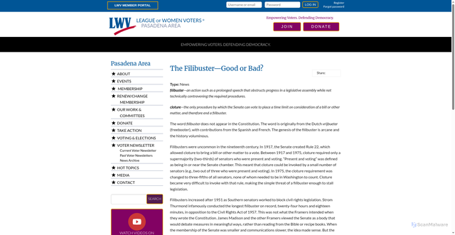 Security scan screenshot of https://my.lwv.org/california/pasadena/article/filibuster%E2%80%94good-or-bad
