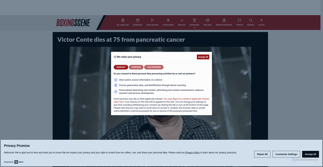 Security scan screenshot of https://www.boxingscene.com/articles/victor-conte-dies-at-75-from-pancreatic-cancer