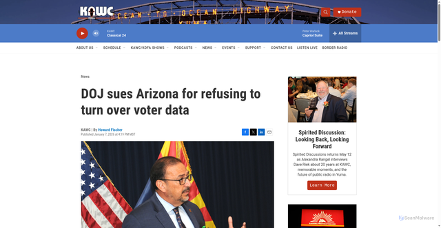 Security scan screenshot of https://www.kawc.org/news/2026-01-07/doj-sues-arizona-for-refusing-to-turn-over-voter-data