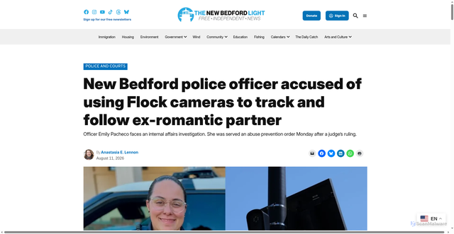 Security scan screenshot of https://newbedfordlight.org/new-bedford-police-officer-accused-of-using-flock-cameras-to-track-and-follow-ex-romantic-partner/