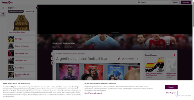 Security scan screenshot of https://football-fanon.fandom.com/wiki/Argentina_national_football_team
