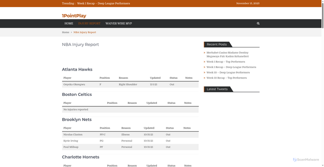 Security scan screenshot of http://1pointplay.com/nba-injury-report/