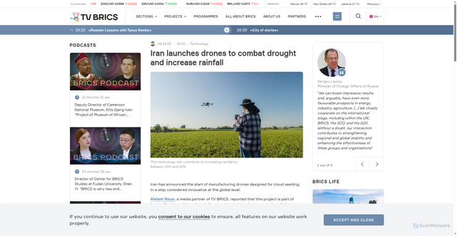 Security scan screenshot of https://tvbrics.com/en/news/iran-launches-drones-to-combat-drought-and-increase-rainfall/
