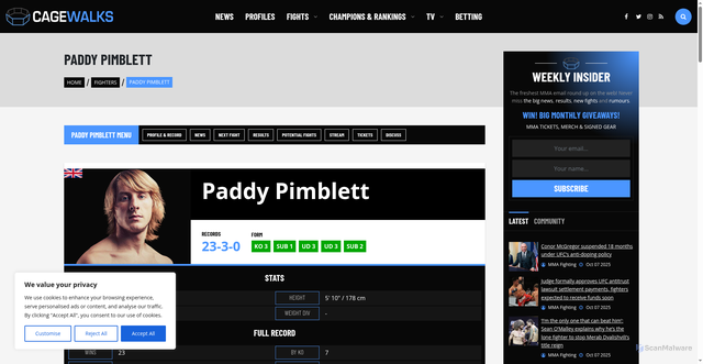 Security scan screenshot of https://cagewalks.com/fighters/paddy-pimblett/