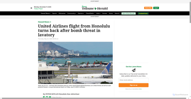 Security scan screenshot of https://www.hawaiitribune-herald.com/2025/05/22/hawaii-news/united-airlines-flight-from-honolulu-turns-back-after-bomb-threat-in-lavatory-2/