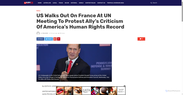 Security scan screenshot of https://www.kurv.com/us-walks-out-on-france-at-un-meeting-to-protest-allys-criticism-of-americas-human-rights-record/