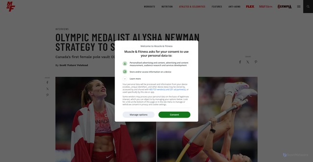 Security scan screenshot of https://www.muscleandfitness.com/athletes-celebrities/interviews/olympic-medalist-alysha-newman-strategy-to-soar-higher/