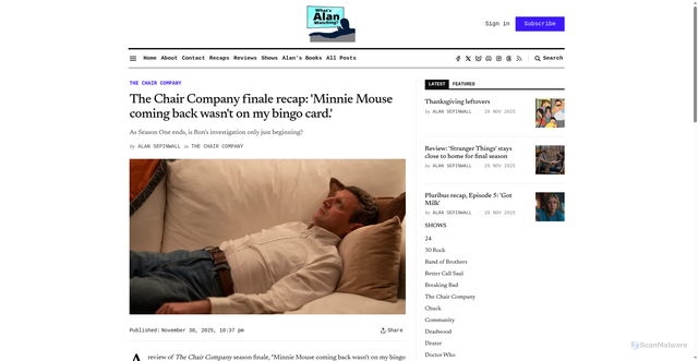 Security scan screenshot of https://www.whatsalanwatching.com/the-chair-company-finale-recap-minnie-mouse-coming-back-wasnt-on-my-bingo-card/