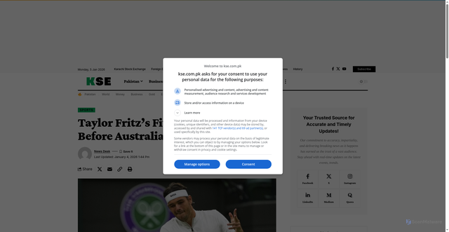 Security scan screenshot of https://kse.com.pk/taylor-fritzs-fitness-is-in-doubt-before-australian-open/