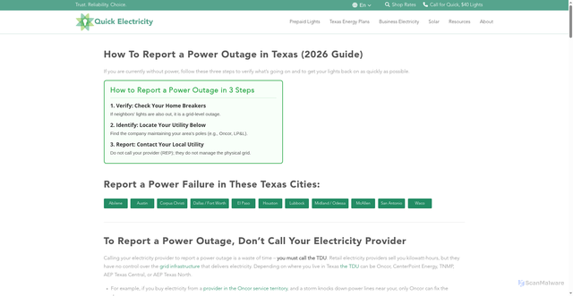 Security scan screenshot of https://quickelectricity.com/report-a-power-outage-in-texas/