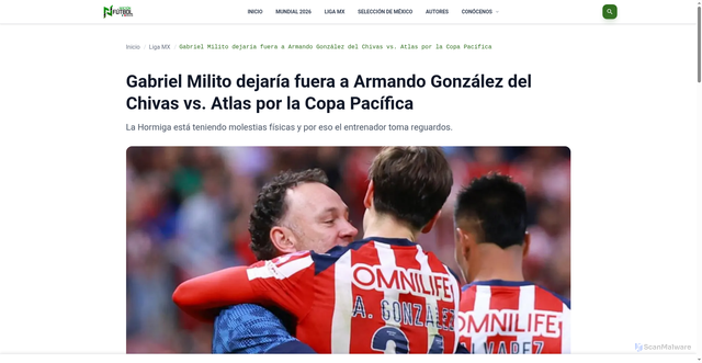 Security scan screenshot of https://www.nacionfutbol.com.mx/liga-mx/gabriel-milito-dejaria-fuera-a-armando-gonzalez-del-chivas-vs-atlas-por-la-copa-pacifica-20260102-43915.html