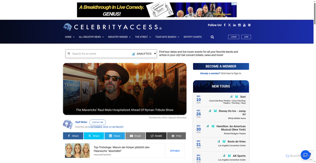 Security scan screenshot of https://celebrityaccess.com/2025/12/05/the-mavericks-raul-malo-hospitalized-ahead-of-ryman-tribute-show/
