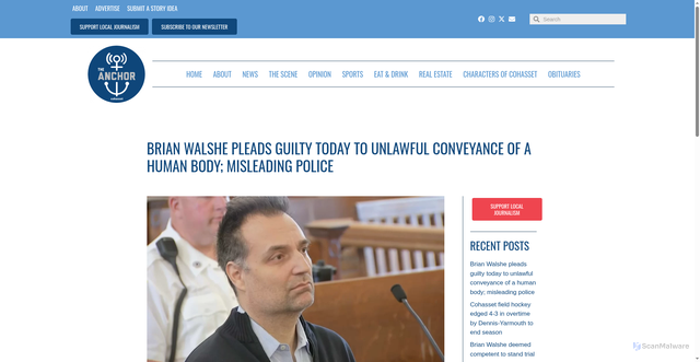 Security scan screenshot of https://cohassetanchor.com/brian-walshe-pleads-guilty-today-to-unlawful-conveyance-of-a-human-body-misleading-police/