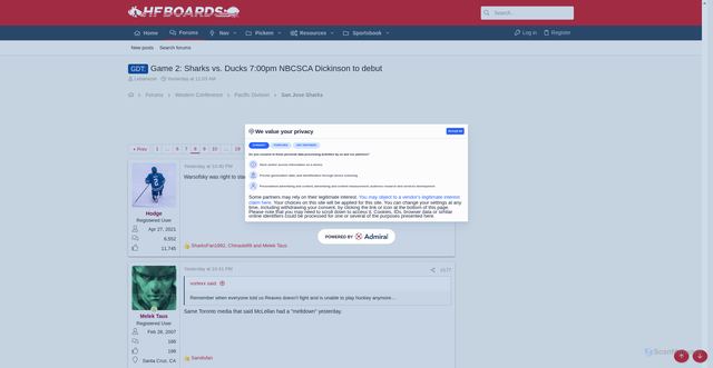 Security scan screenshot of https://forums.hfboards.com/threads/game-2-sharks-vs-ducks-7-00pm-nbcsca-dickinson-to-debut.3013971/post-201838844