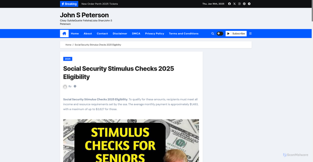 Security scan screenshot of https://johnspetersonm.pages.dev/tsazl-social-security-stimulus-checks-2025-eligibility-fkdjo/