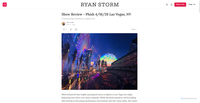 Security scan screenshot of https://ryanstorm.substack.com/p/show-review-phish-41626-las-vegas