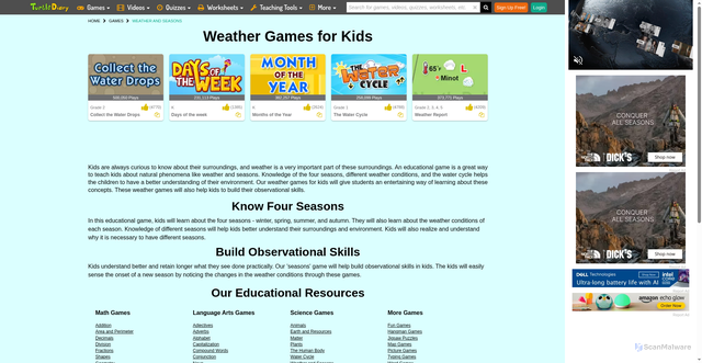 Security scan screenshot of https://www.turtlediary.com/games/weather-and-seasons.html