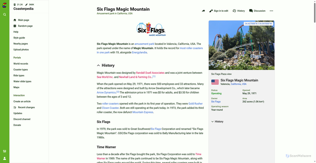 Security scan screenshot of https://coasterpedia.net/wiki/Six_Flags_Magic_Mountain