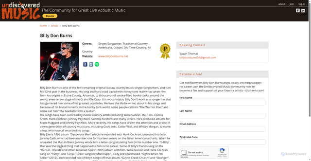 Security scan screenshot of https://undiscoveredmusic.net/artists/billy_don_burns