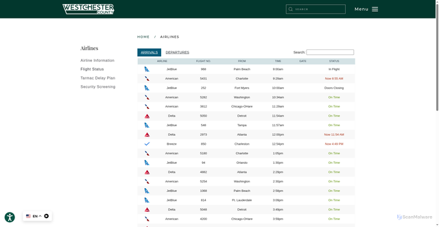 Security scan screenshot of https://airport.westchestergov.com/airlines/flight-status