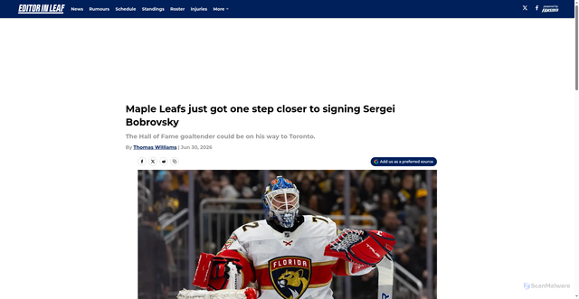 Security scan screenshot of https://editorinleaf.com/maple-leafs-just-got-one-step-closer-to-signing-sergei-bobrovsky