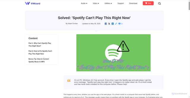 Security scan screenshot of https://www.viwizard.com/spotify-music-tips/solve-spotify-cant-play-this-right-now.html