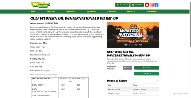 Security scan screenshot of https://willowbankraceway.com.au/event/gulf-western-oil-winternationals-warmup/