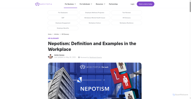 Security scan screenshot of https://meditopia.com/en/forwork/articles/nepotism
