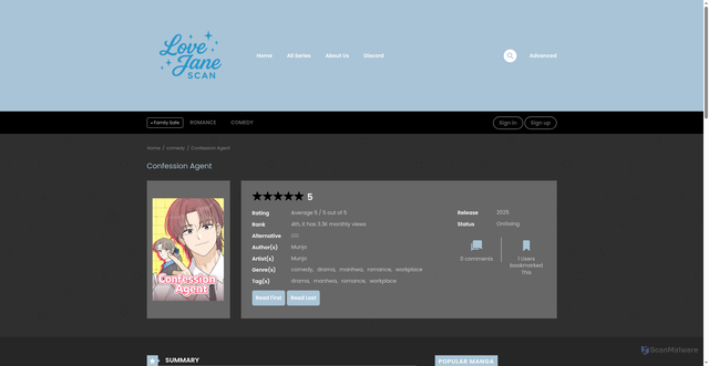 Security scan screenshot of http://lovesjane.site/manga/confession-agent/