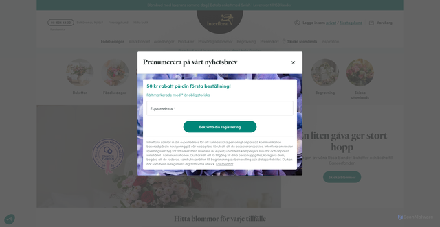 Security scan screenshot of https://www.interflora.se/?sc_src=email_1423350&sc_lid=204058228&sc_uid=T28HxYXzrx&sc_llid=82724&utm_medium=crm&utm_source=email&sc_customer=75e68f4ca67c1c7bc5a9cef1278ad33fcbc43c0670cbdab0cc21cb5c2e19022c&utm_campaign=ifse_email_service_satisfactionsurvey
