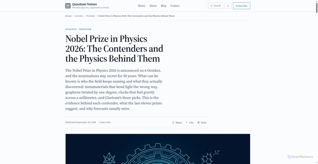 Security scan screenshot of https://quantum-nature.com/nobel-prize-physics-2026-contenders/