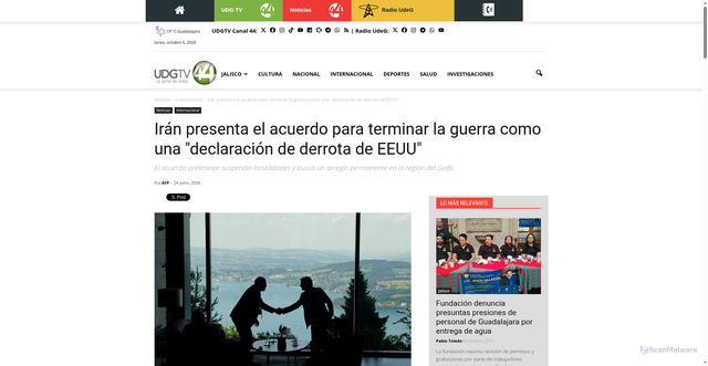 Security scan screenshot of https://udgtv.com/noticias/iran-y-acuerdo-fin-guerra-en-oriente-medio/322153