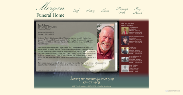 Security scan screenshot of http://www.morganfh.com/obituary.aspx?Worder=690