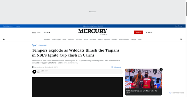 Security scan screenshot of https://www.themercury.com.au/sport/basketball/tempers-explode-as-wildcats-thrash-the-taipans-in-nbls-ignite-cup-clash-in-cairns/news-story/8e912ba6241698fdf7e56ad53e1f863b
