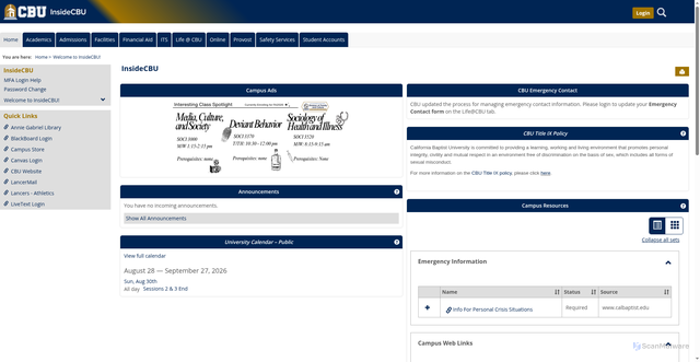 Security scan screenshot of https://insidecbu.calbaptist.edu