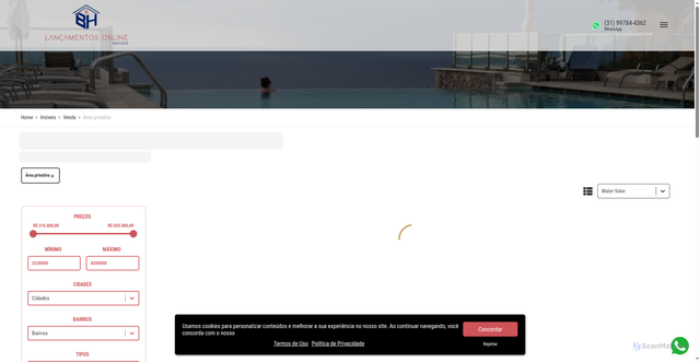 Security scan screenshot of http://lancamentosonlinebh.com.br/imoveis/venda/-/-/-/area-privativa