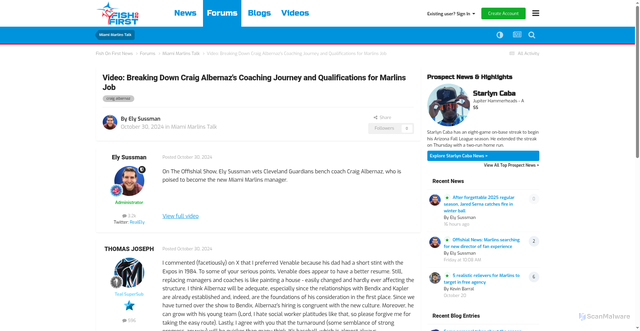 Security scan screenshot of https://fishonfirst.com/forums/topic/68237-video-breaking-down-craig-albernazs-coaching-journey-and-qualifications-for-marlins-job/