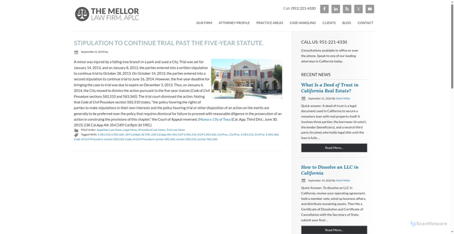 Security scan screenshot of https://www.mellorlawfirm.com/legal-news/stipulation-to-continue-trial-past-the-five-year-statute/
