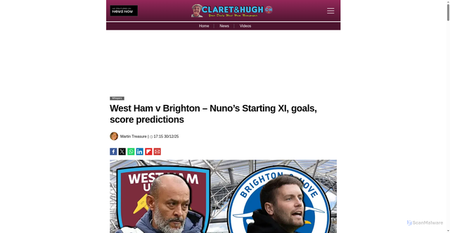 Security scan screenshot of https://www.claretandhugh.info/west-ham-v-brighton-nunos-starting-xi-goals-score-predictions/