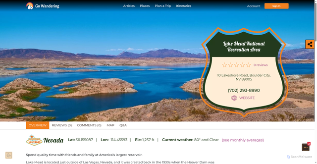 Security scan screenshot of https://gowandering.com/places/lake-mead-national-recreation-area