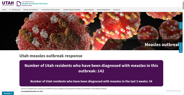 Security scan screenshot of https://epi.utah.gov/measles-response/
