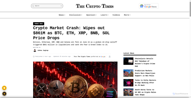 Security scan screenshot of https://www.cryptotimes.io/2026/06/24/crypto-market-crash-wipes-out-861m-as-btc-eth-xrp-bnb-sol-price-drops/