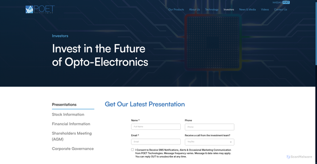 Security scan screenshot of https://www.poet-technologies.com/investors